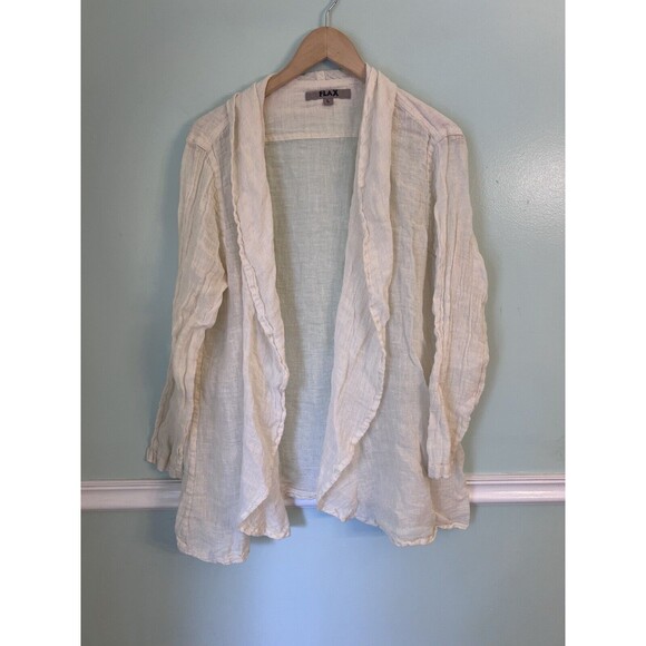 Flax Cream L Washable Linen Open Collated Long Sleeved Shawl Collar Jacket - Picture 1 of 5